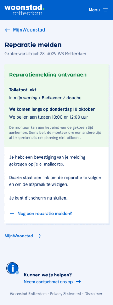 Schermontwerp voor reparaties, bevestiging van de reparatie afspraak